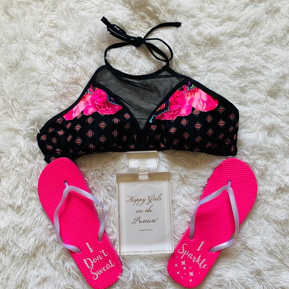 OP Swim Halter w/mesh & tropical print. NWOT 15-17